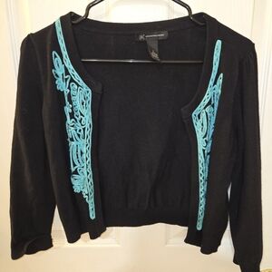INC International Concepts Black Cardigan with Teal Embroidery